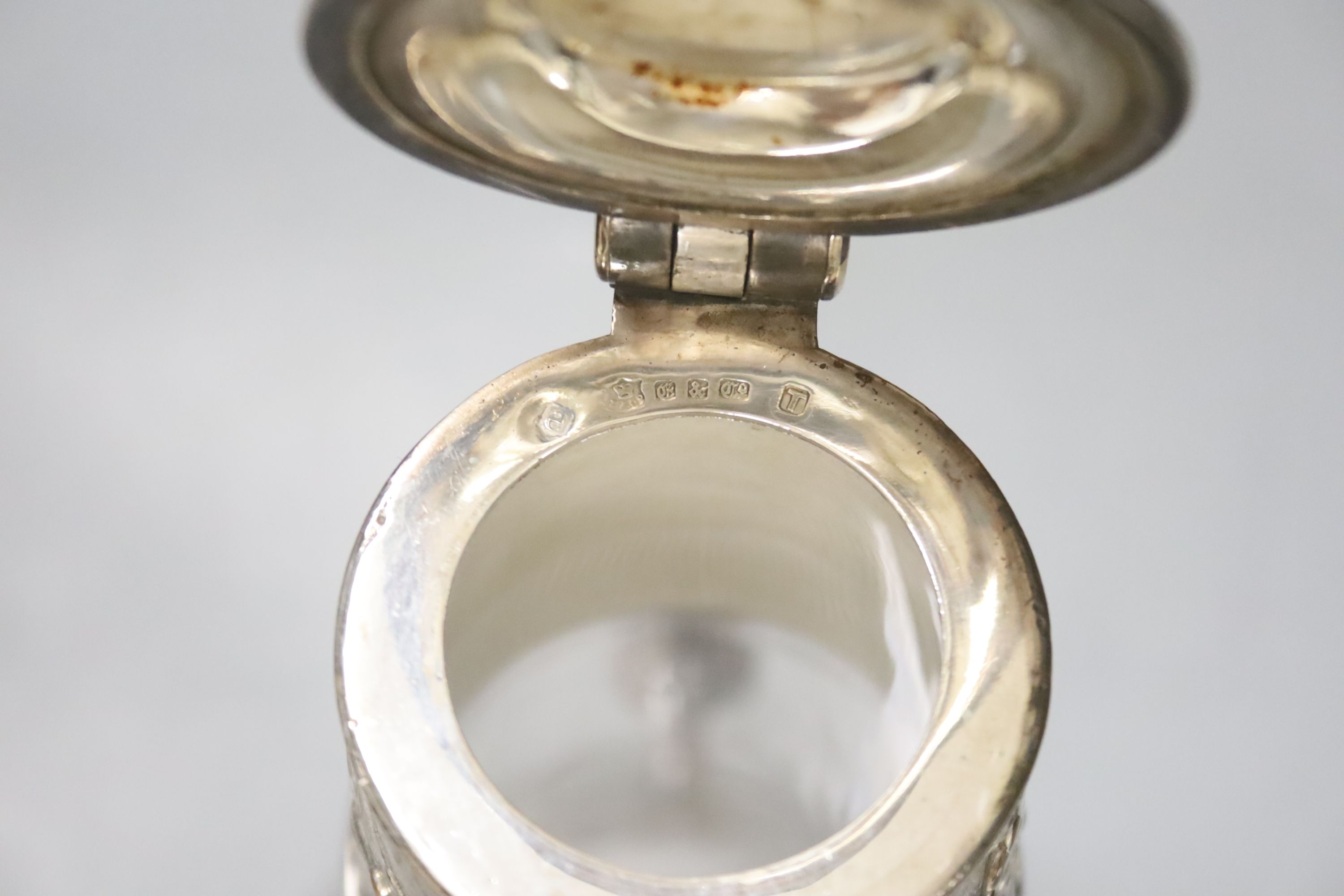 A late Victorian electroplate mounted etched glass claret jug